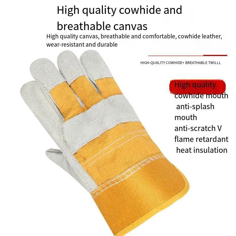 10 Pairs Short Cow Leather Welding Gloves Two Layer Cow Leather Welding Welder's Special Anti Scalding Wear Resistant Heat Insulation Labor Protection Gloves Palm