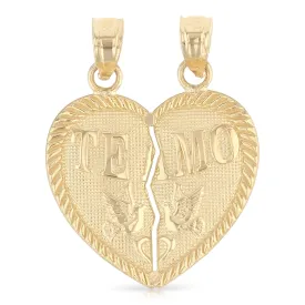 14K Gold 'Te Amo' Couple Broken Heart Charm Pendant