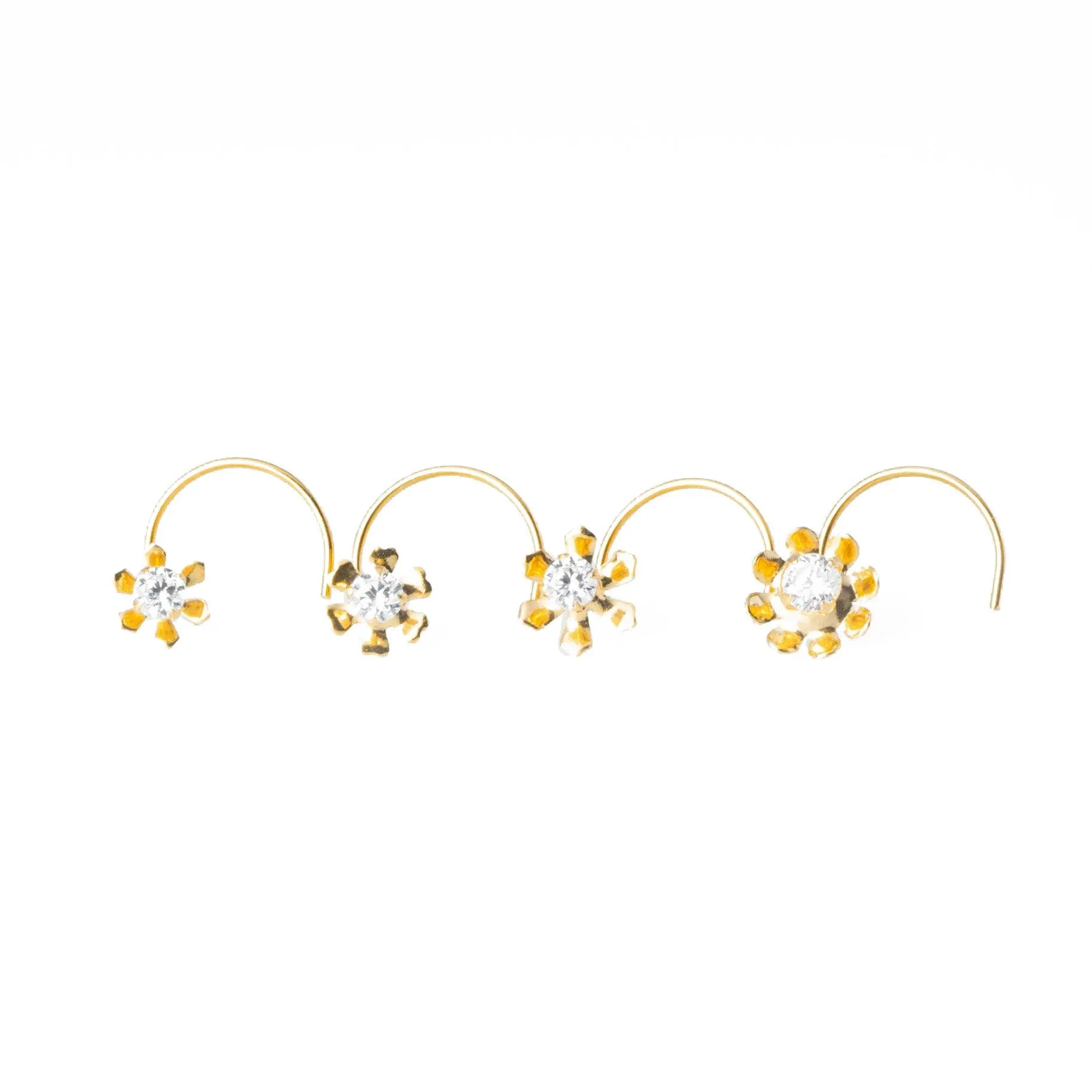 18ct Yellow Gold Wire Coil Back Nose Stud set with Cubic Zirconia in a Flower Design (4.5mm - 6mm) NIP-4-080