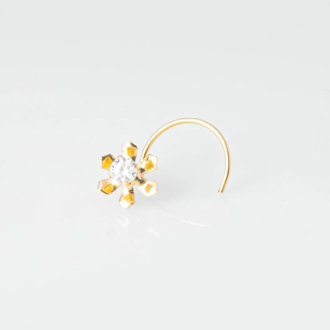 18ct Yellow Gold Wire Coil Back Nose Stud set with Cubic Zirconia in a Flower Design (4.5mm - 6mm) NIP-4-080