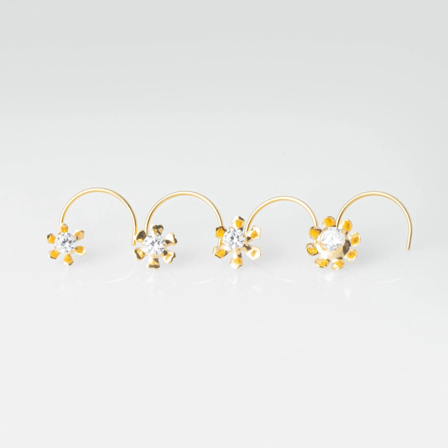 18ct Yellow Gold Wire Coil Back Nose Stud set with Cubic Zirconia in a Flower Design (4.5mm - 6mm) NIP-4-080