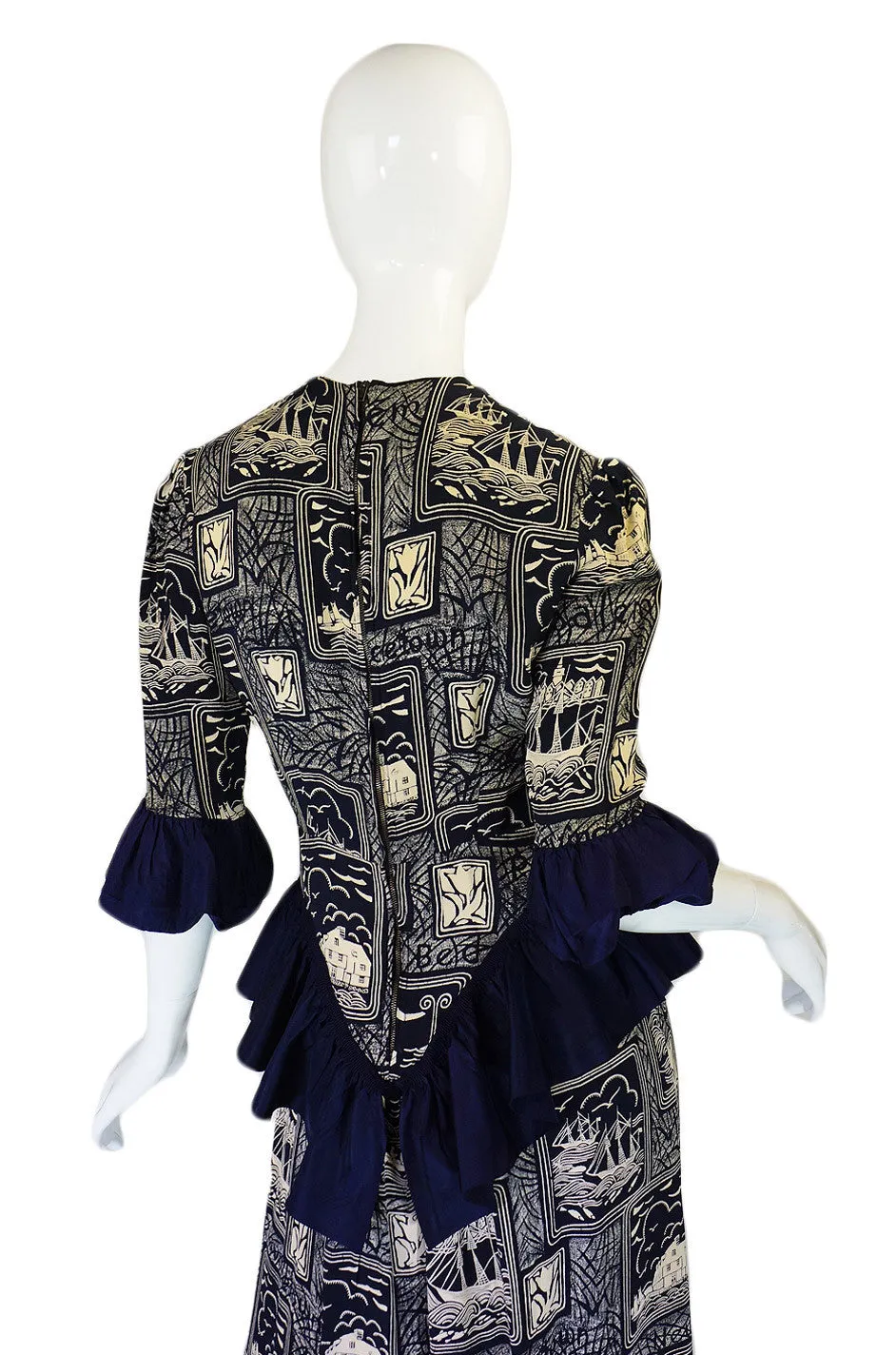 1940s Silk Peplum Printed Swing Dress