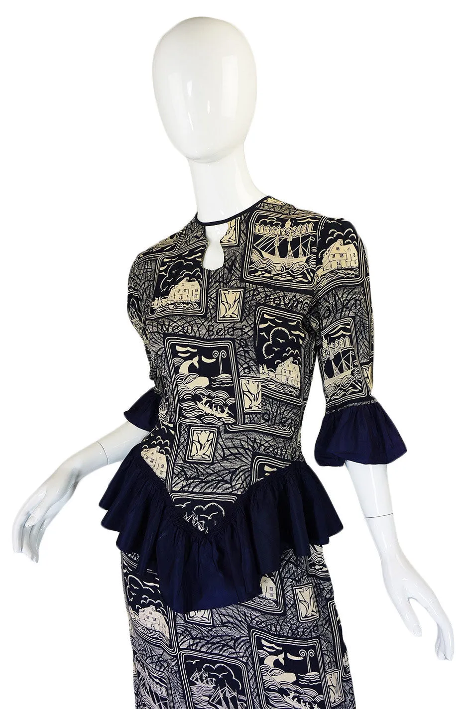 1940s Silk Peplum Printed Swing Dress