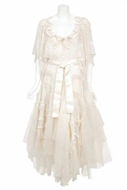 1973 Zandra Rhodes Couture Hand Painted Ivory Sheer Chiffon & Tulle Gown