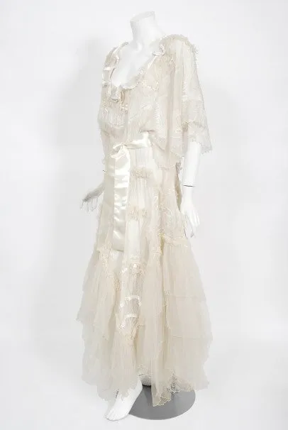 1973 Zandra Rhodes Couture Hand Painted Ivory Sheer Chiffon & Tulle Gown