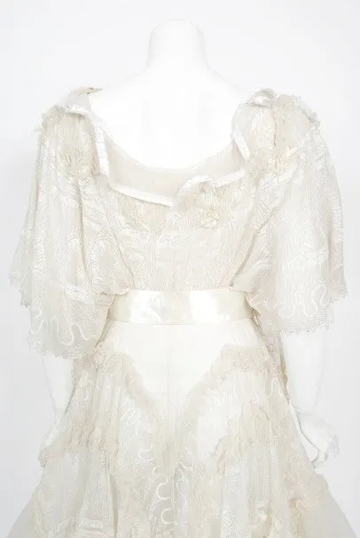 1973 Zandra Rhodes Couture Hand Painted Ivory Sheer Chiffon & Tulle Gown