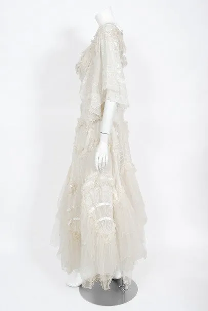 1973 Zandra Rhodes Couture Hand Painted Ivory Sheer Chiffon & Tulle Gown