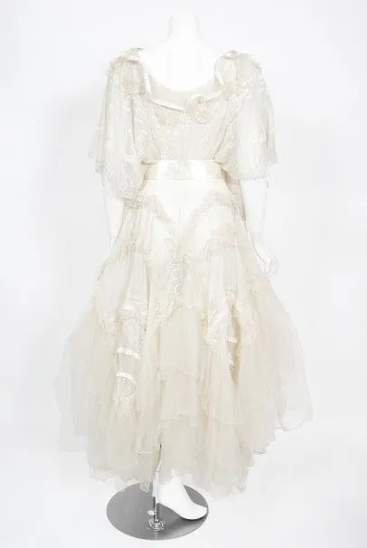 1973 Zandra Rhodes Couture Hand Painted Ivory Sheer Chiffon & Tulle Gown