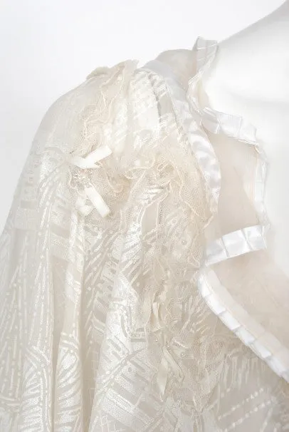 1973 Zandra Rhodes Couture Hand Painted Ivory Sheer Chiffon & Tulle Gown