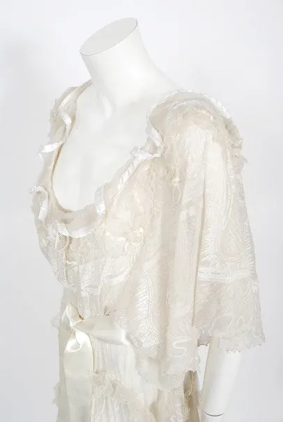 1973 Zandra Rhodes Couture Hand Painted Ivory Sheer Chiffon & Tulle Gown