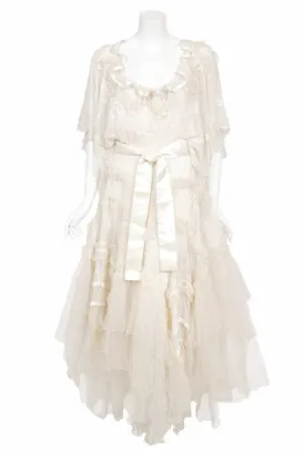 1973 Zandra Rhodes Couture Hand Painted Ivory Sheer Chiffon & Tulle Gown