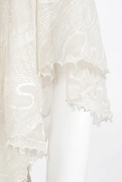 1973 Zandra Rhodes Couture Hand Painted Ivory Sheer Chiffon & Tulle Gown