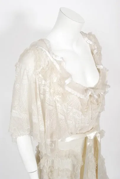 1973 Zandra Rhodes Couture Hand Painted Ivory Sheer Chiffon & Tulle Gown