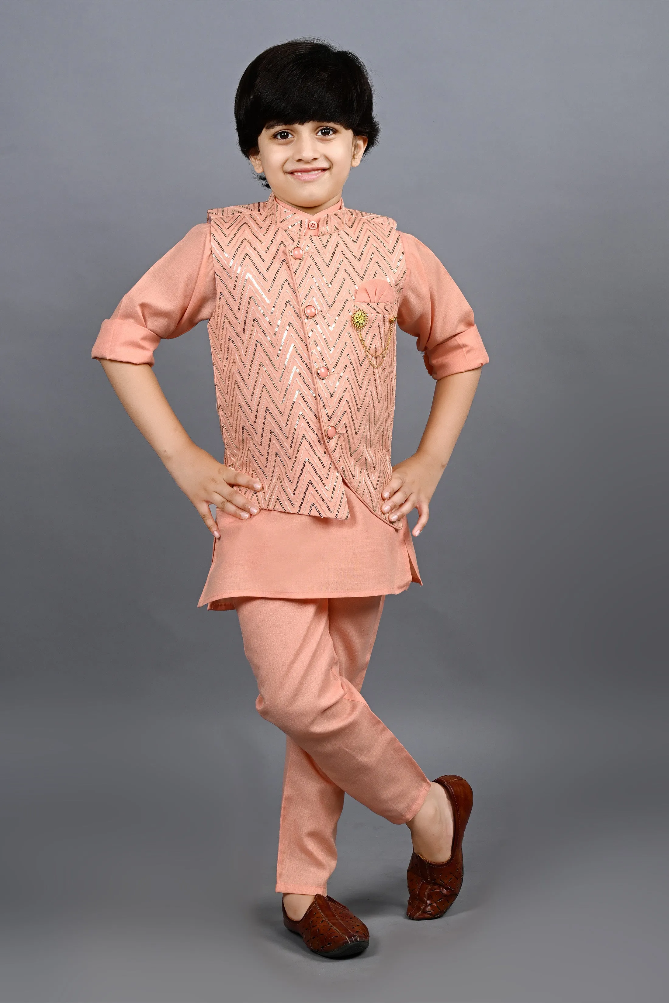 Ahhaaaa Kids Bollywood Style Print Indo-Western Sherwani Set For Boys