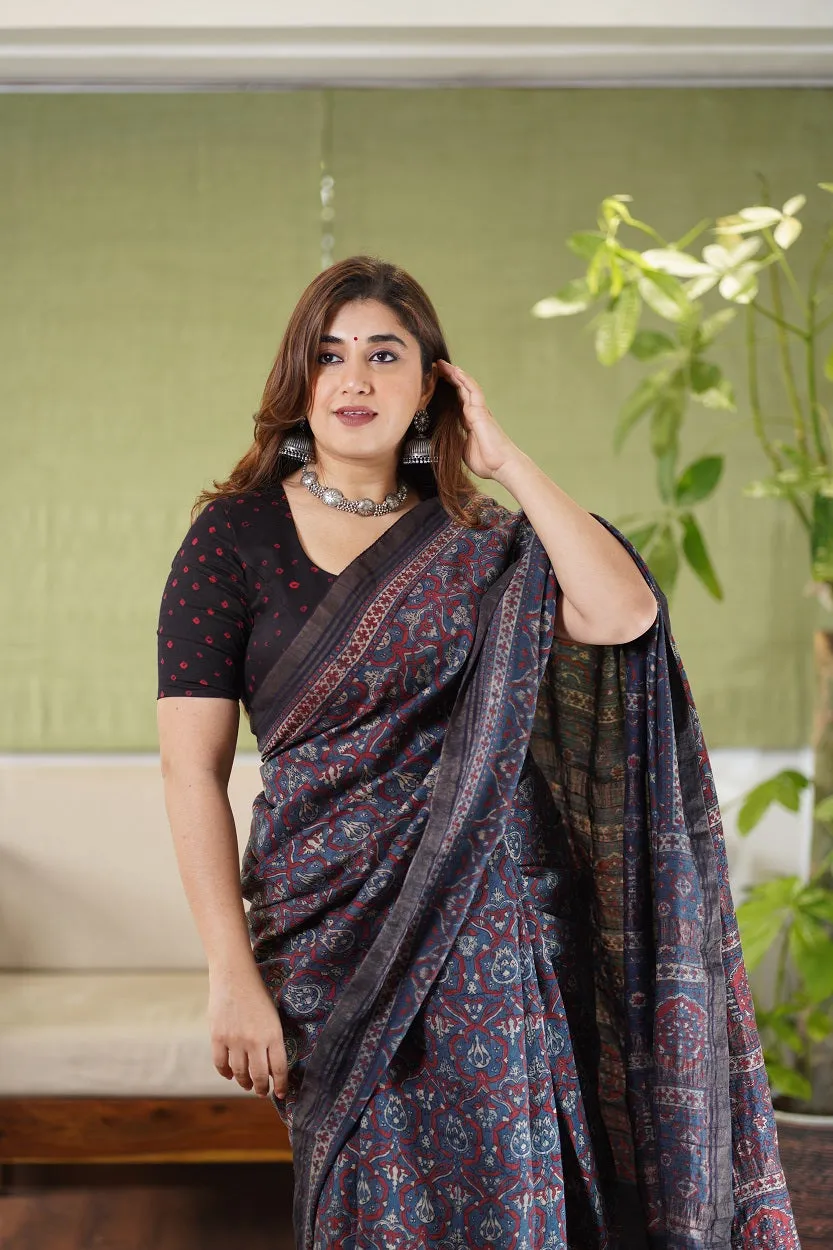 Ajrakh Hand Block Printed Eri Silk saree