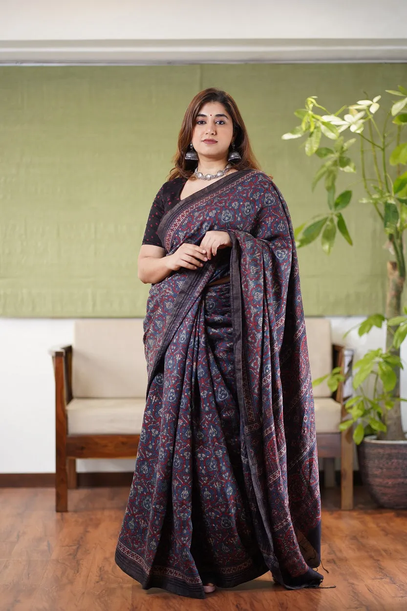 Ajrakh Hand Block Printed Eri Silk saree