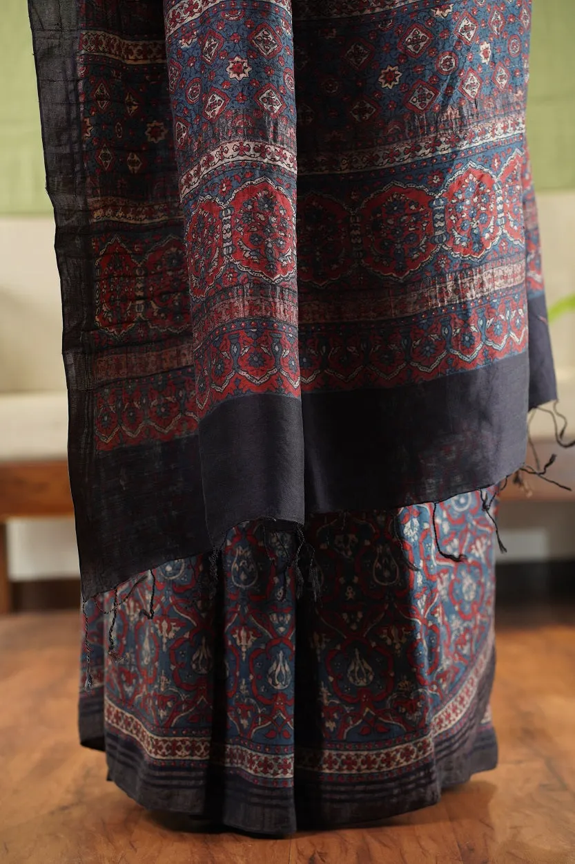 Ajrakh Hand Block Printed Eri Silk saree