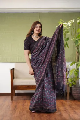 Ajrakh Hand Block Printed Eri Silk saree