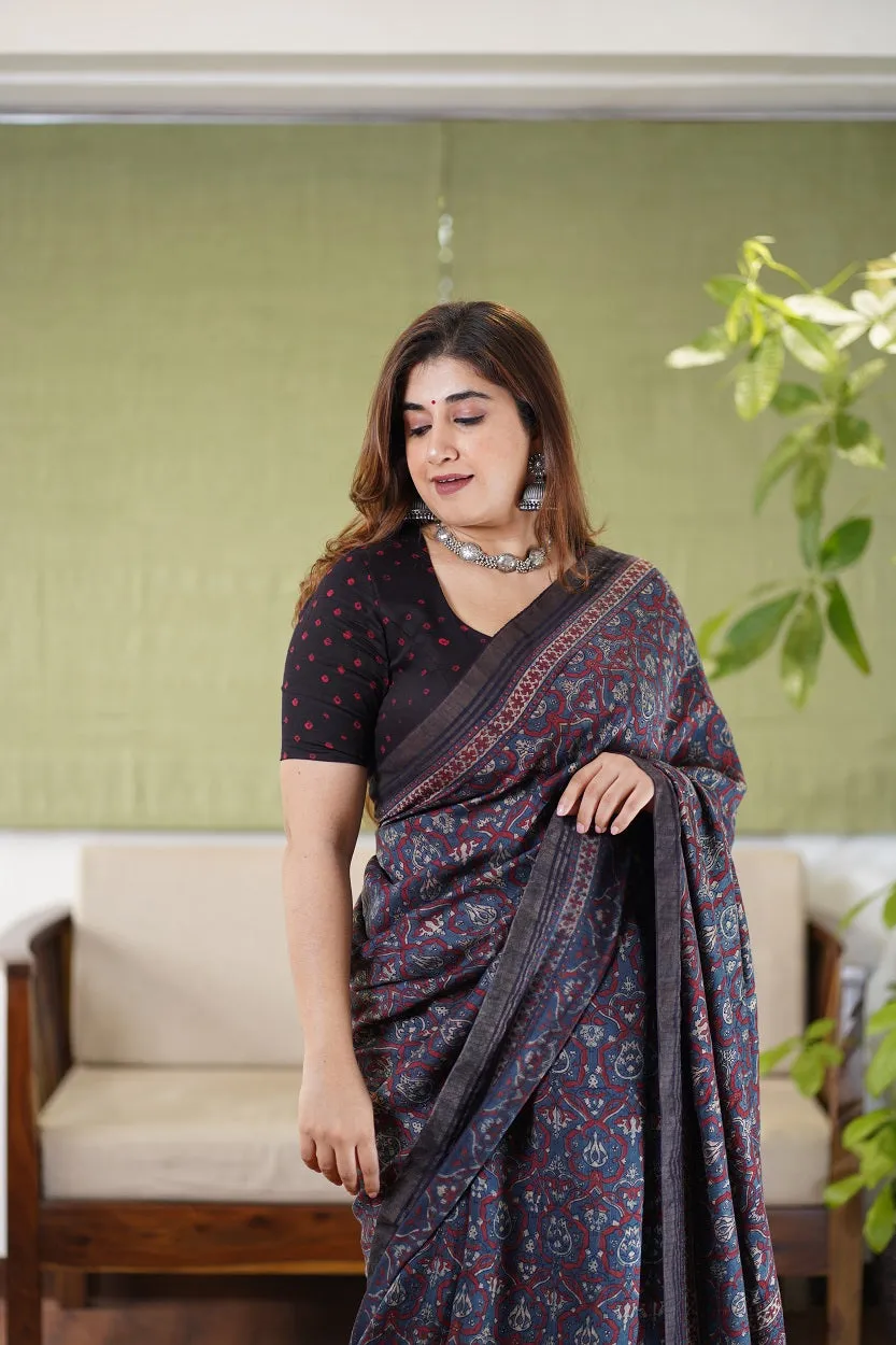 Ajrakh Hand Block Printed Eri Silk saree