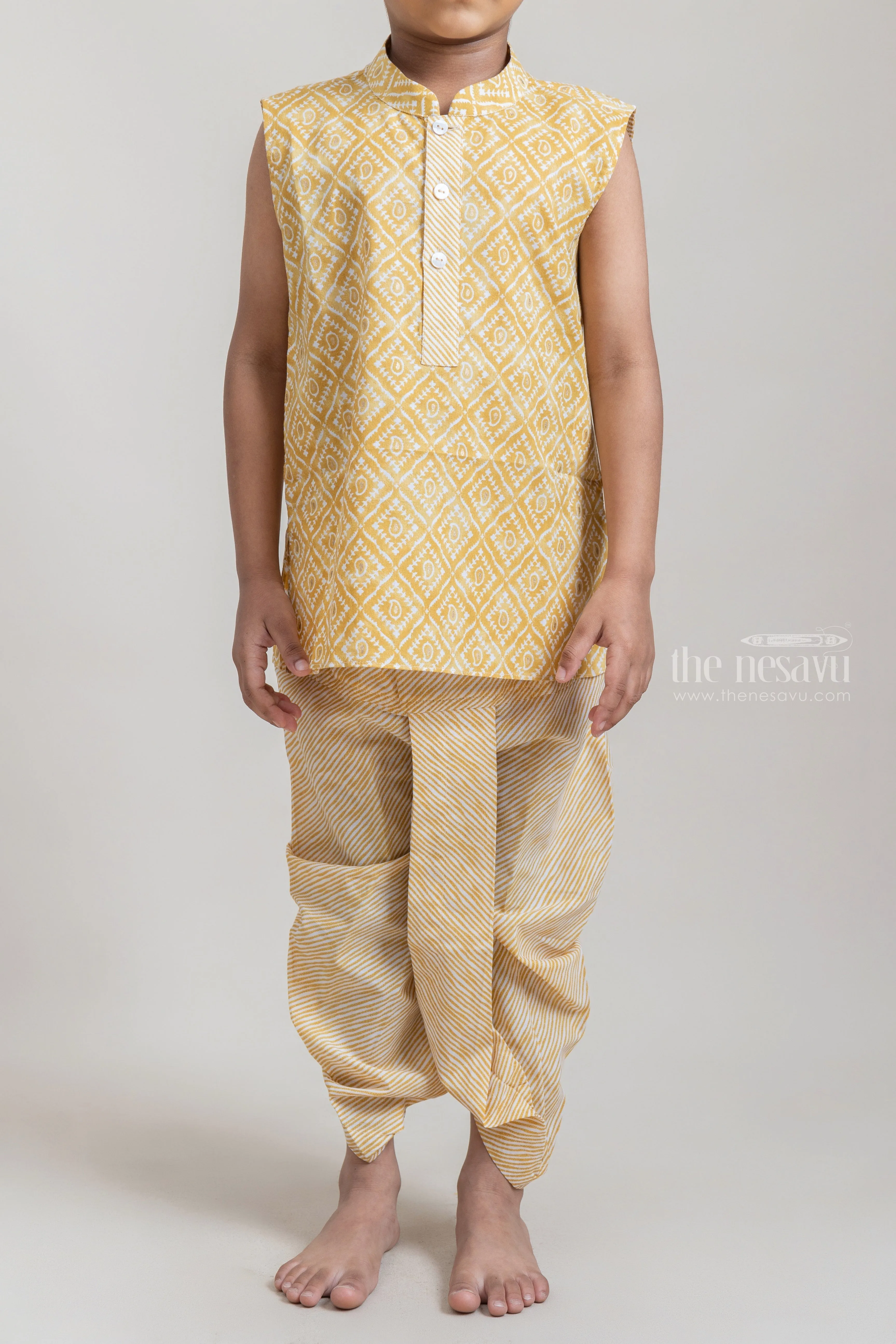 Amazing Yellow Tribal Printed Sleeveless Kurta With Striped Panchakacham For Boys