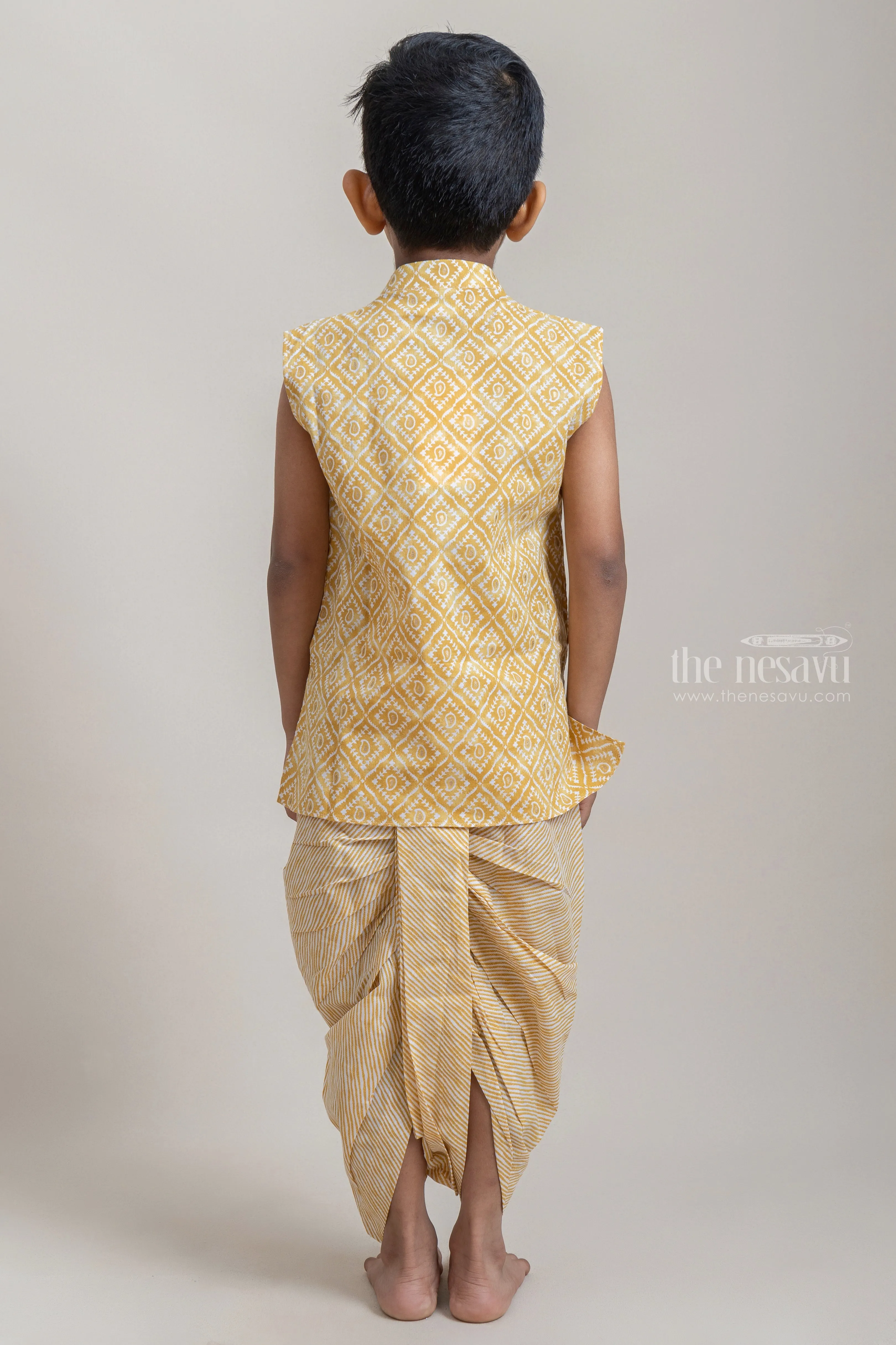 Amazing Yellow Tribal Printed Sleeveless Kurta With Striped Panchakacham For Boys