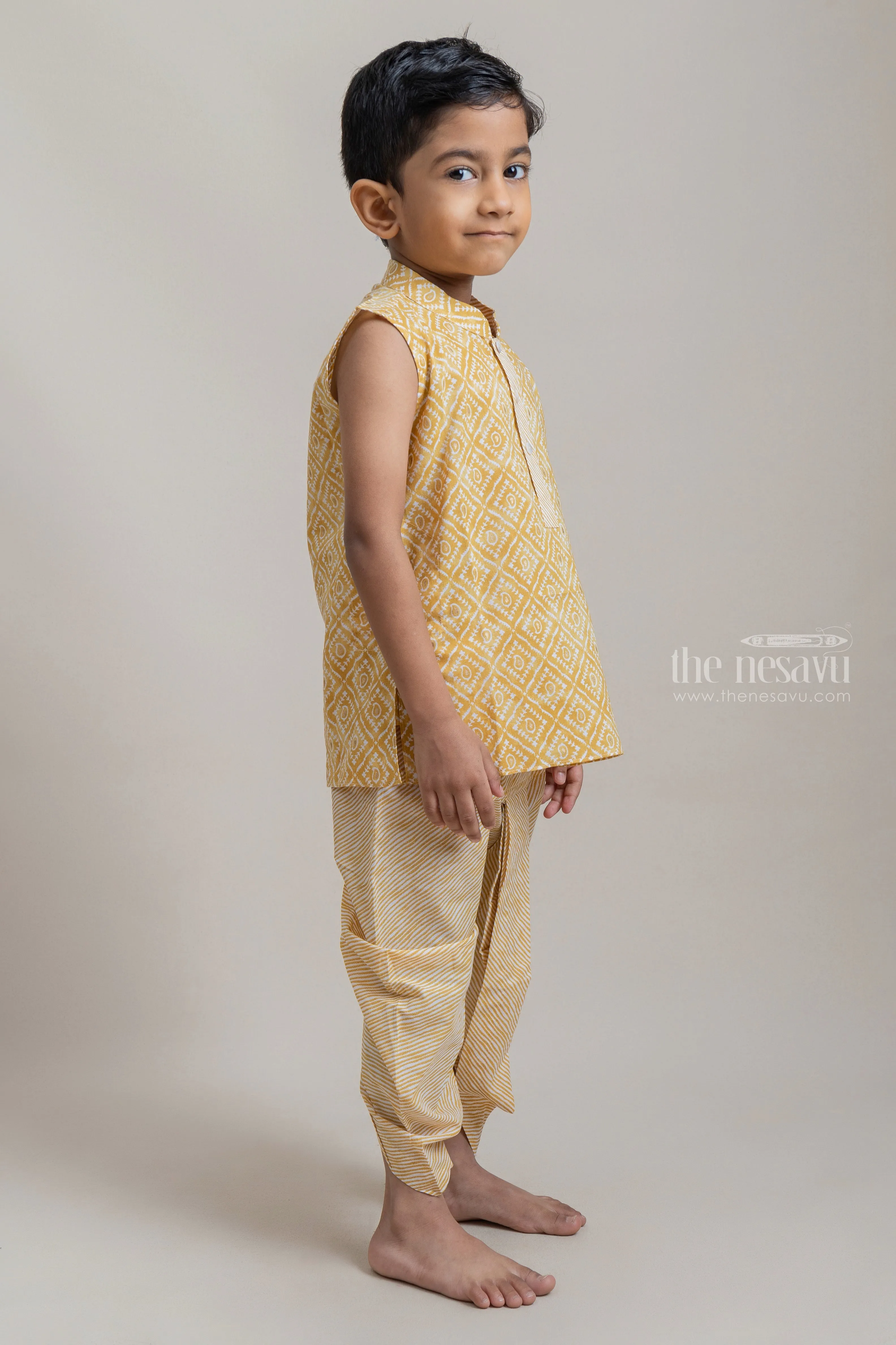 Amazing Yellow Tribal Printed Sleeveless Kurta With Striped Panchakacham For Boys