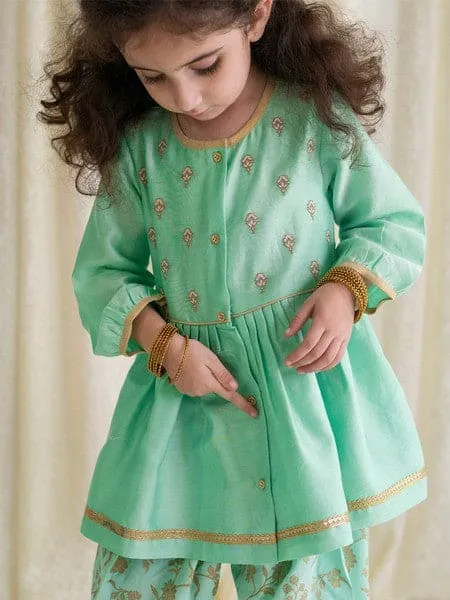 Baby Girl Chanderi Angrakha Suit Set Embroidered- Green