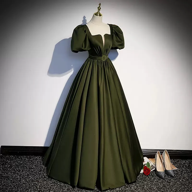 Ball Gown Puffy Sleeves Dark Green Long Prom Dresses SH055