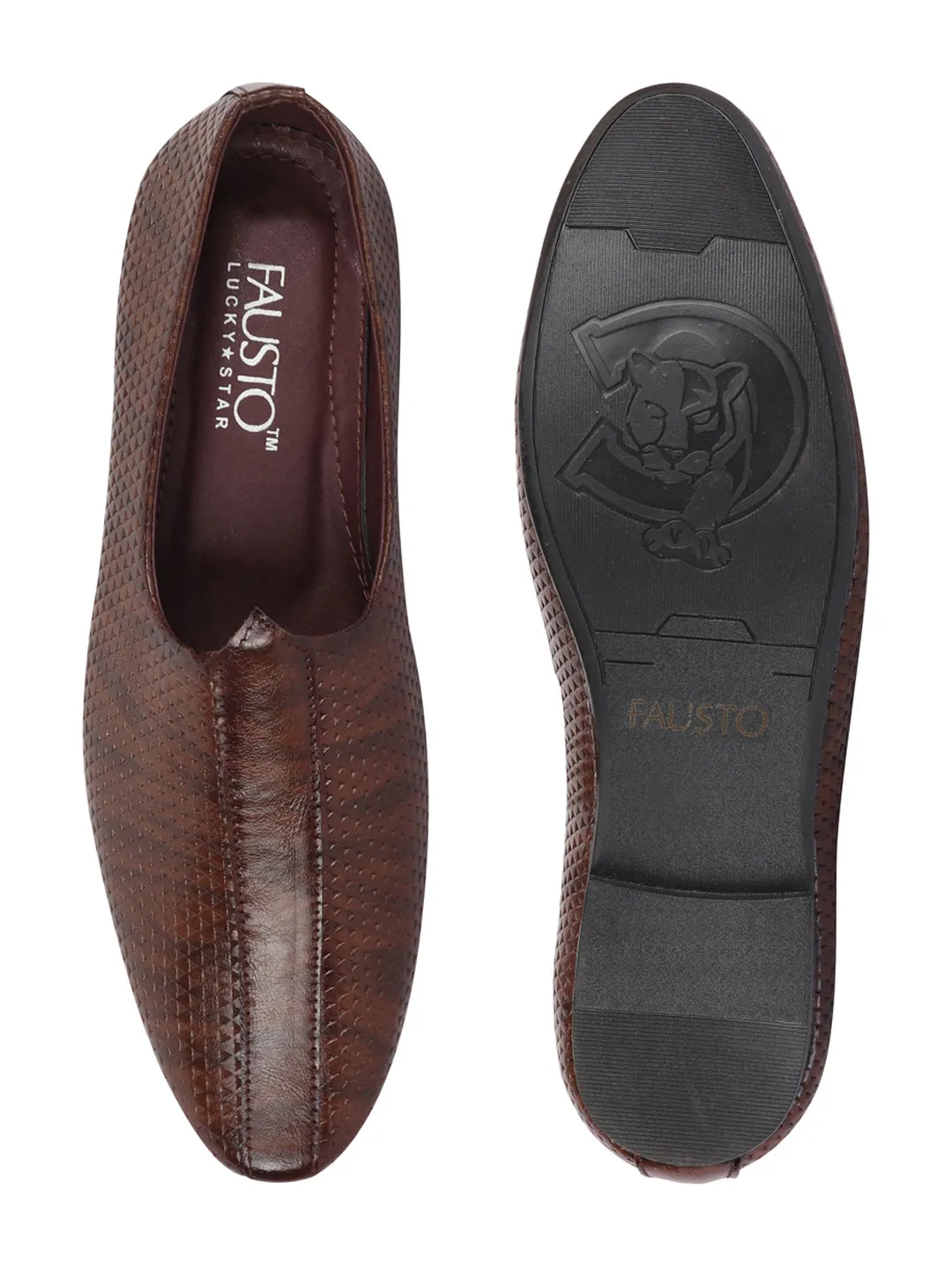 Basics Men Brown Textured Design Ethnic Juttis and Mojaris