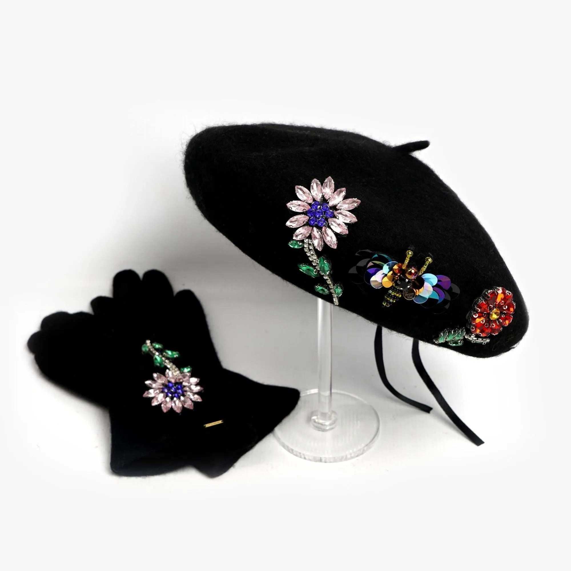 BeeJewelled Embellished Beret - Black