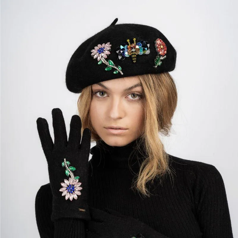 BeeJewelled Embellished Beret - Black