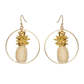 Beige & Gold Pineapple Round Drop Earrings