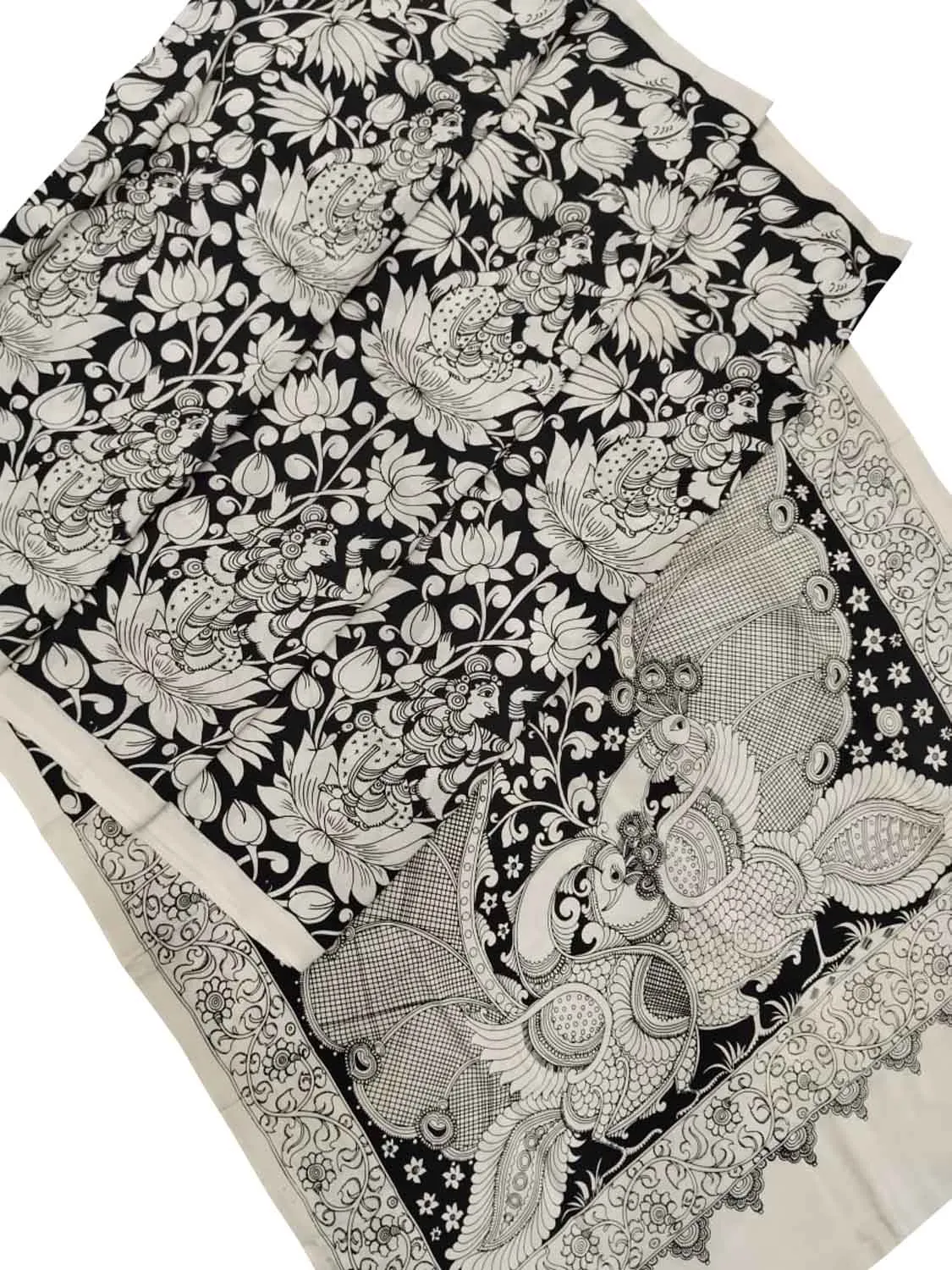 Black And White Kalamkari Hand Painted Bangalore Silk Saree