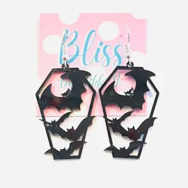 Black Bat Coffin Silhouette Acrylic Statement Earrings