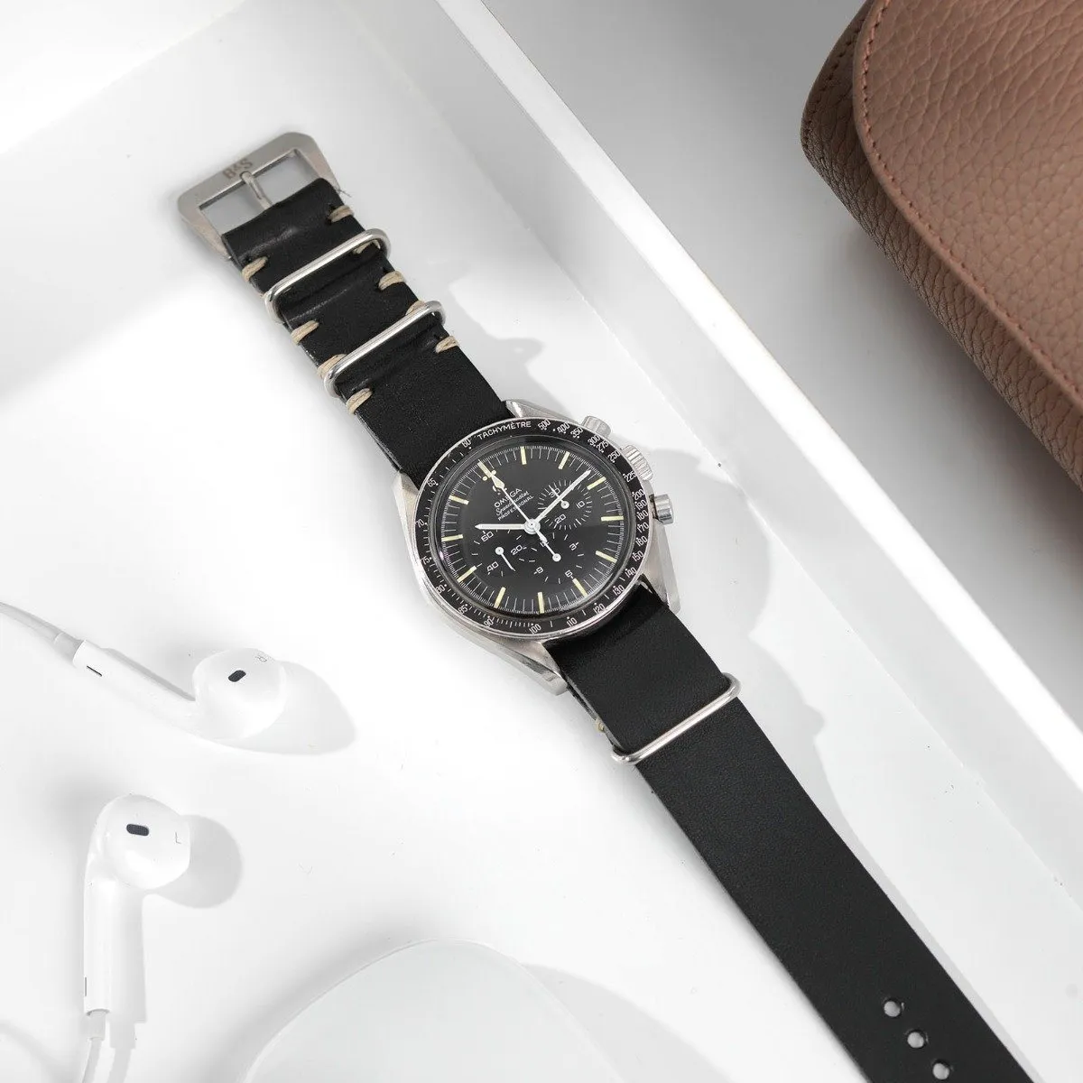 Black Single Pass Leather Watch Strap