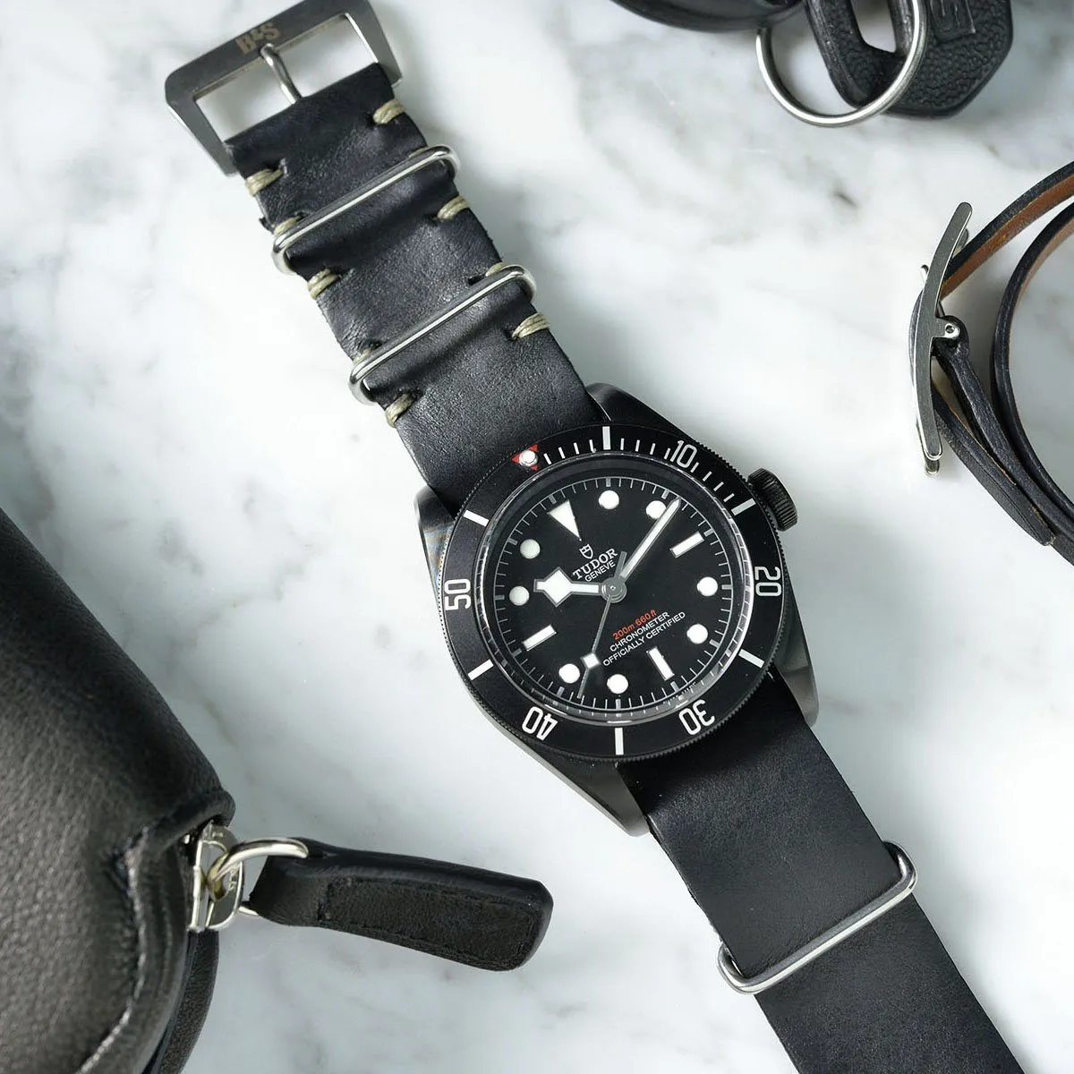 Black Single Pass Leather Watch Strap