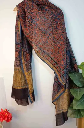 Blue Ajrakh Block Printed Chanderi Silk Tissue Border Dupatta