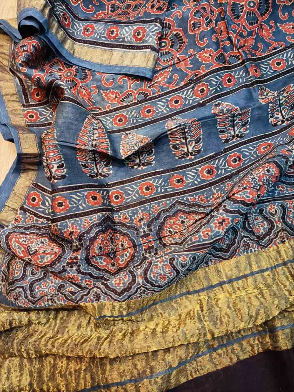 Blue Ajrakh Block Printed Chanderi Silk Tissue Border Dupatta