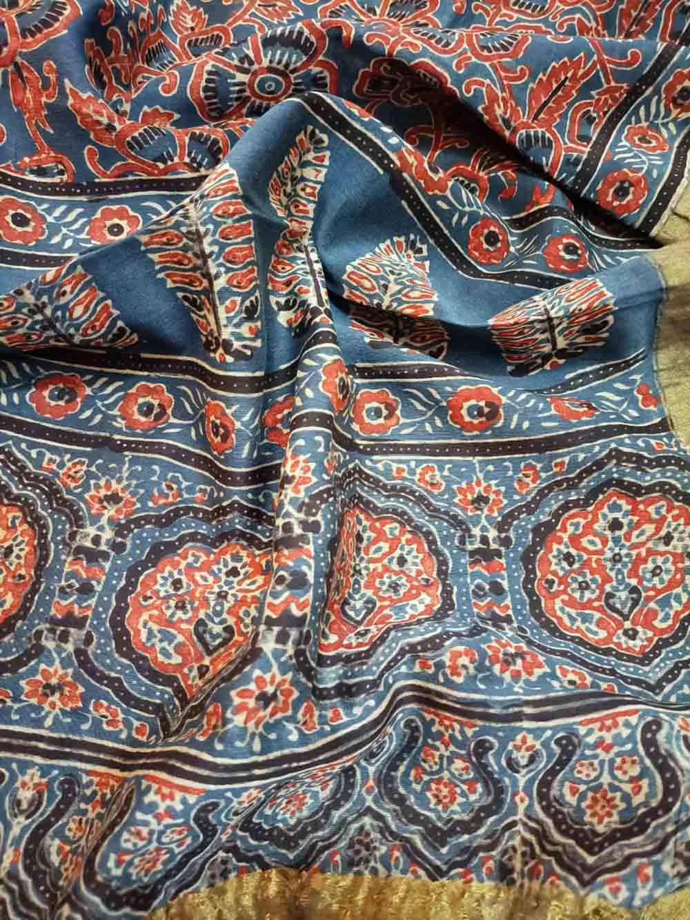 Blue Ajrakh Block Printed Chanderi Silk Tissue Border Dupatta