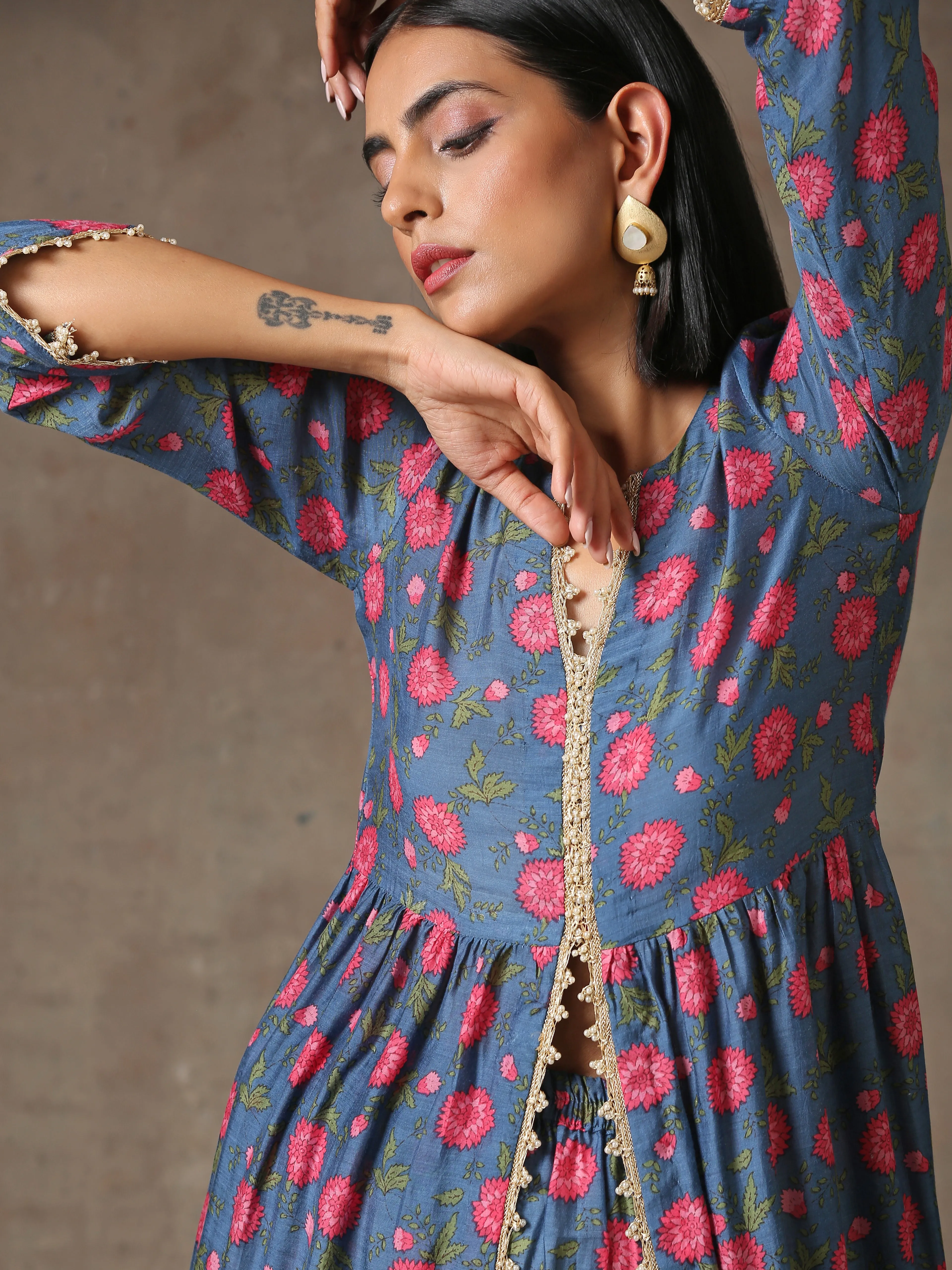 Blue Pink Printed Silk Kurta Pant Set