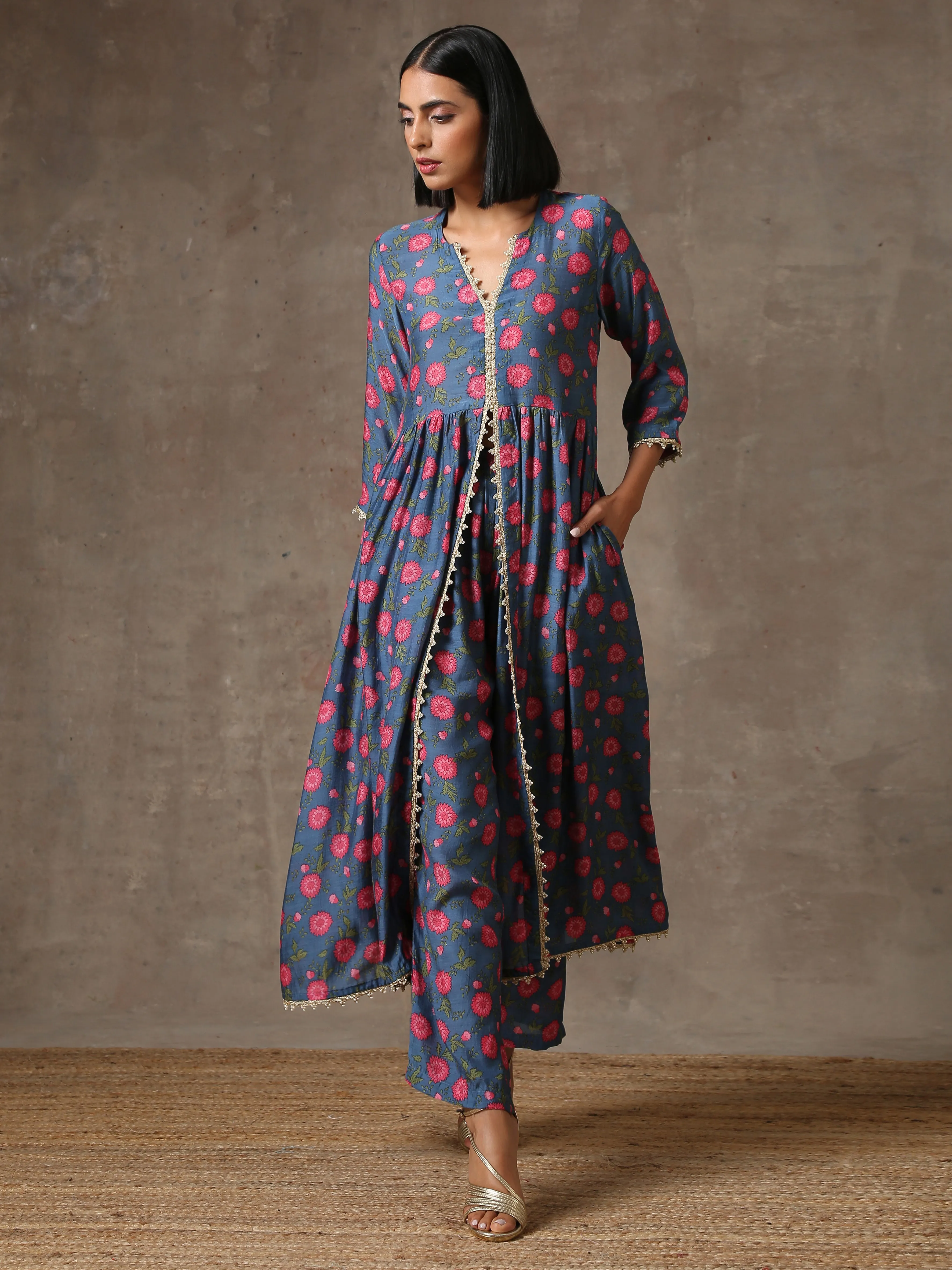 Blue Pink Printed Silk Kurta Pant Set