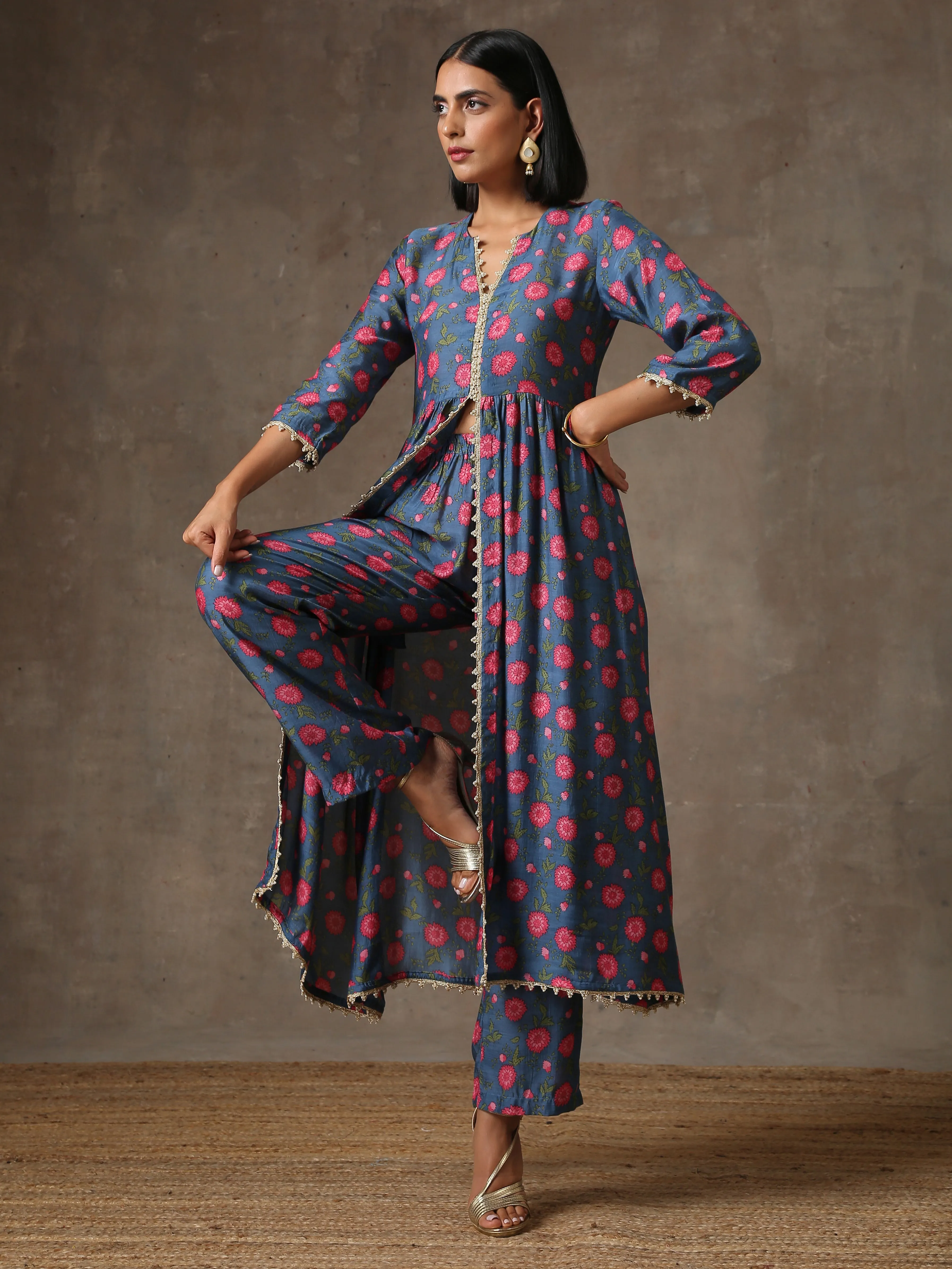 Blue Pink Printed Silk Kurta Pant Set