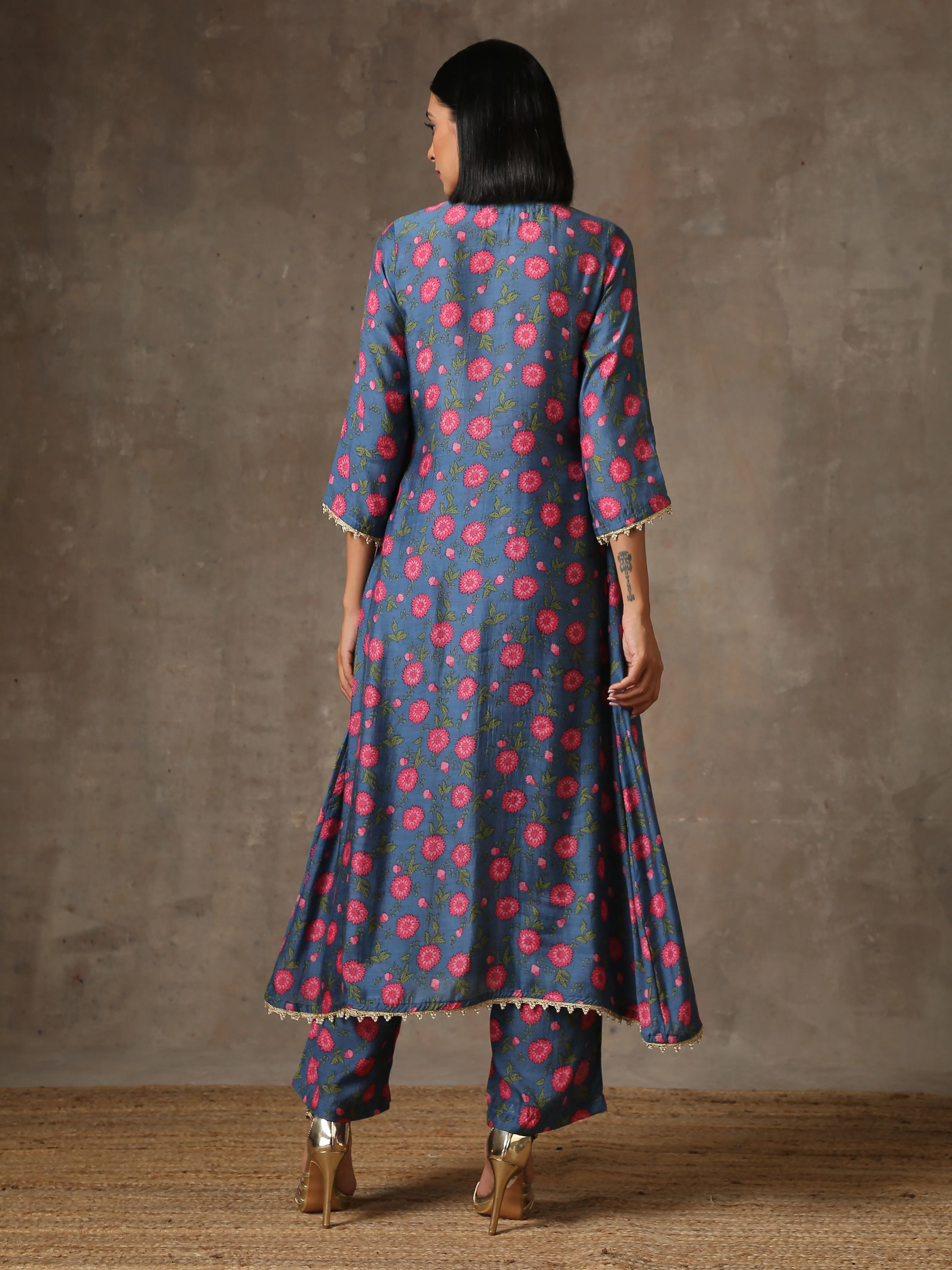 Blue Pink Printed Silk Kurta Pant Set