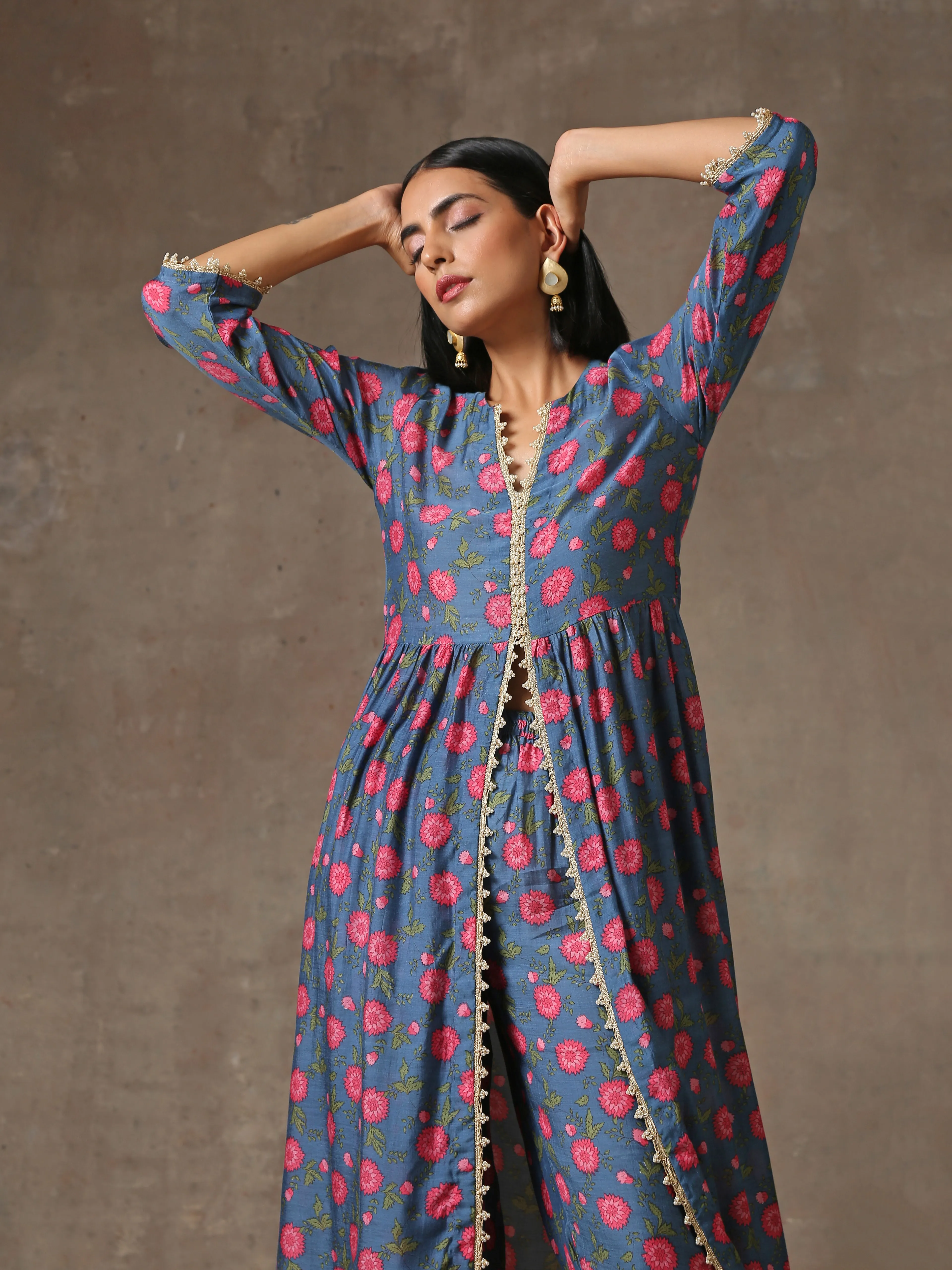 Blue Pink Printed Silk Kurta Pant Set