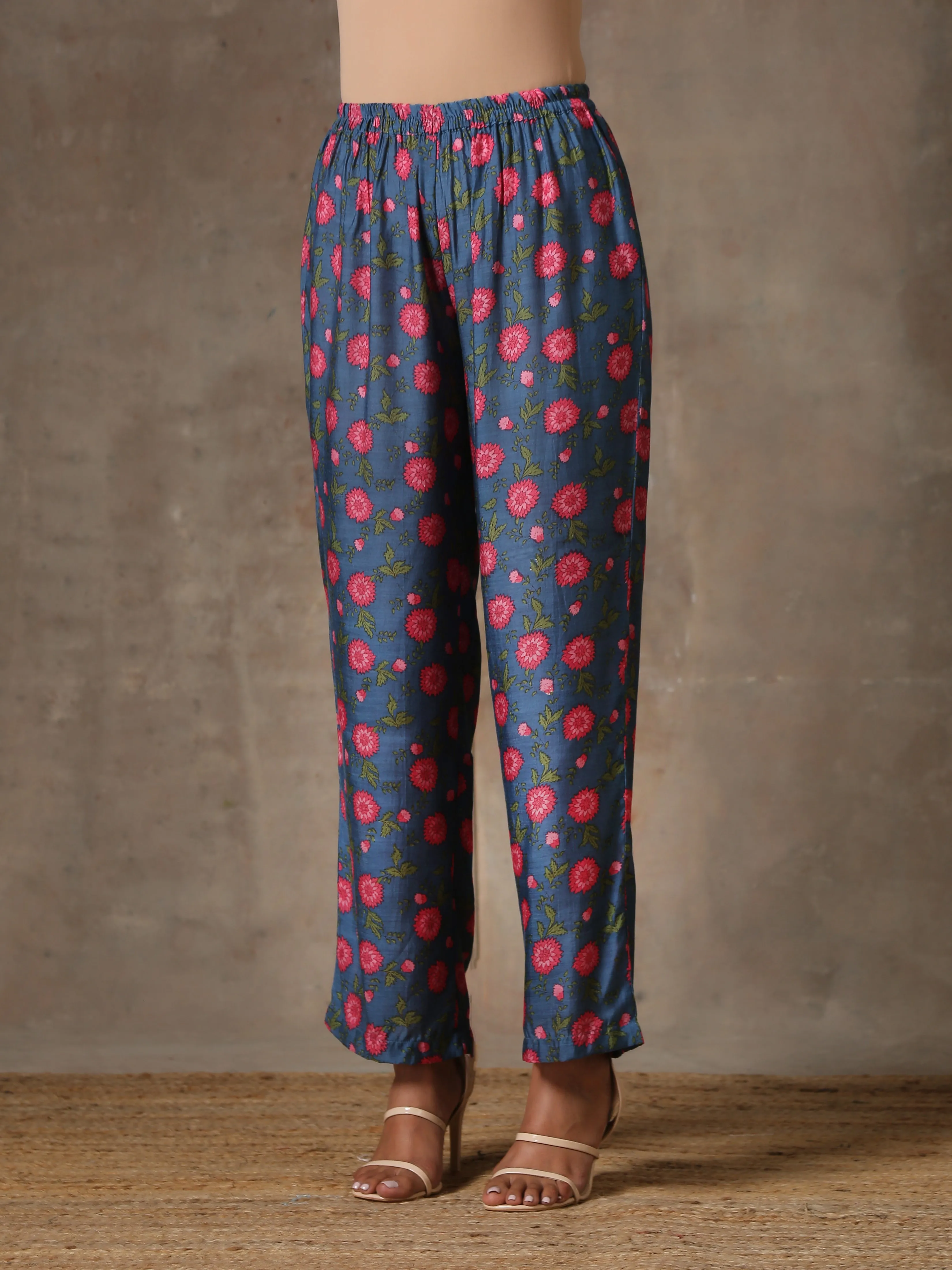 Blue Pink Printed Silk Kurta Pant Set