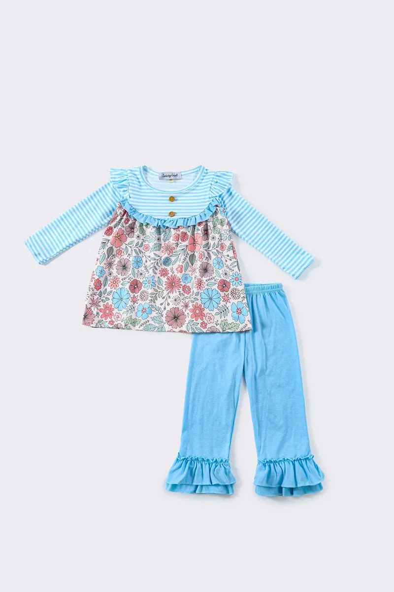 Blue stripe floral ruffle girl set pre order 8-07-2024