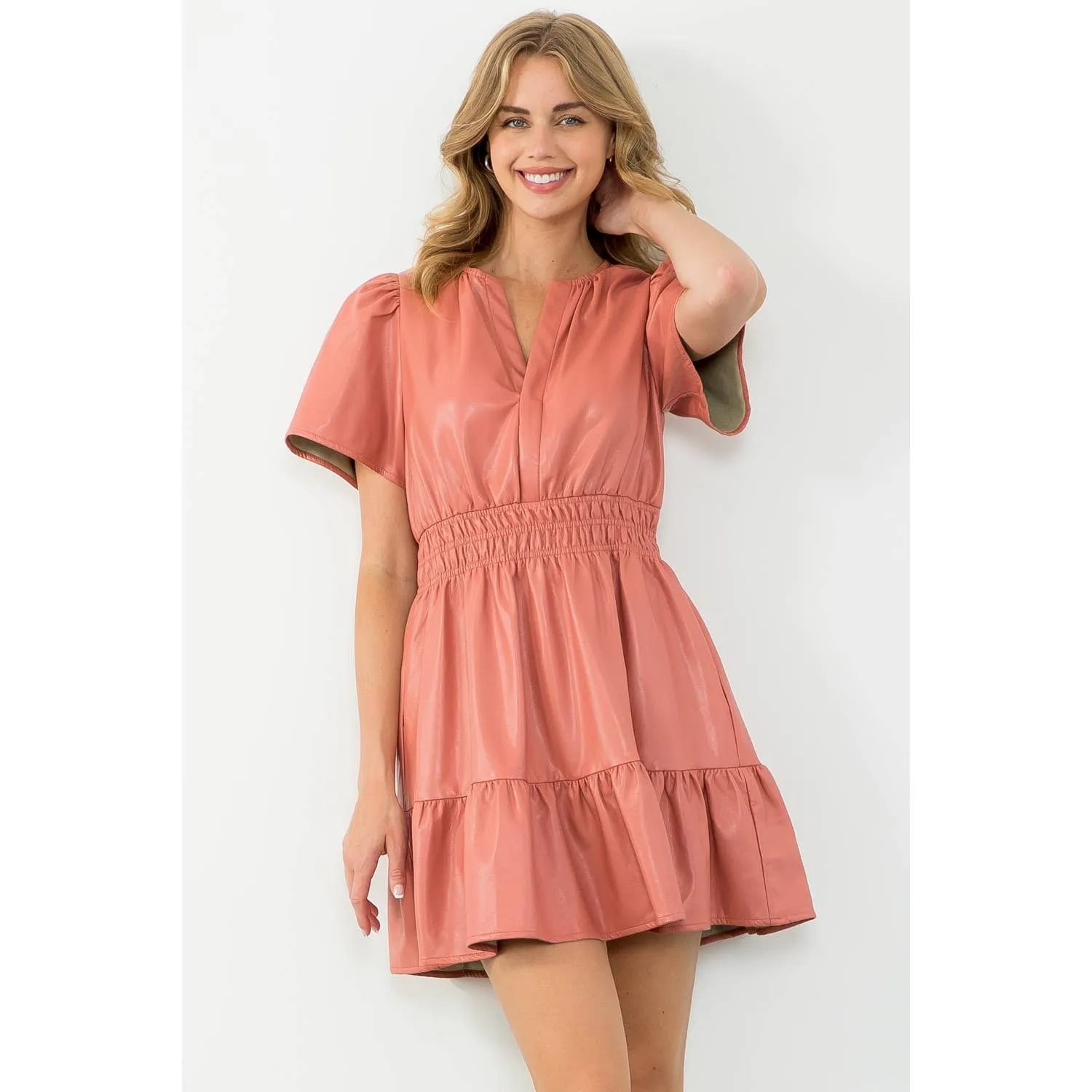 Blush Short Sleeve Leather Dress