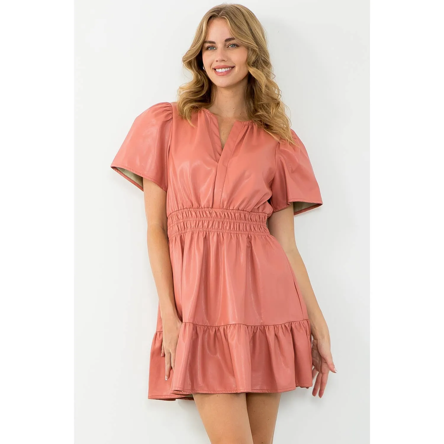 Blush Short Sleeve Leather Dress