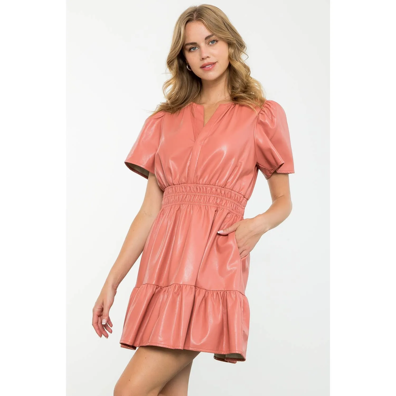 Blush Short Sleeve Leather Dress