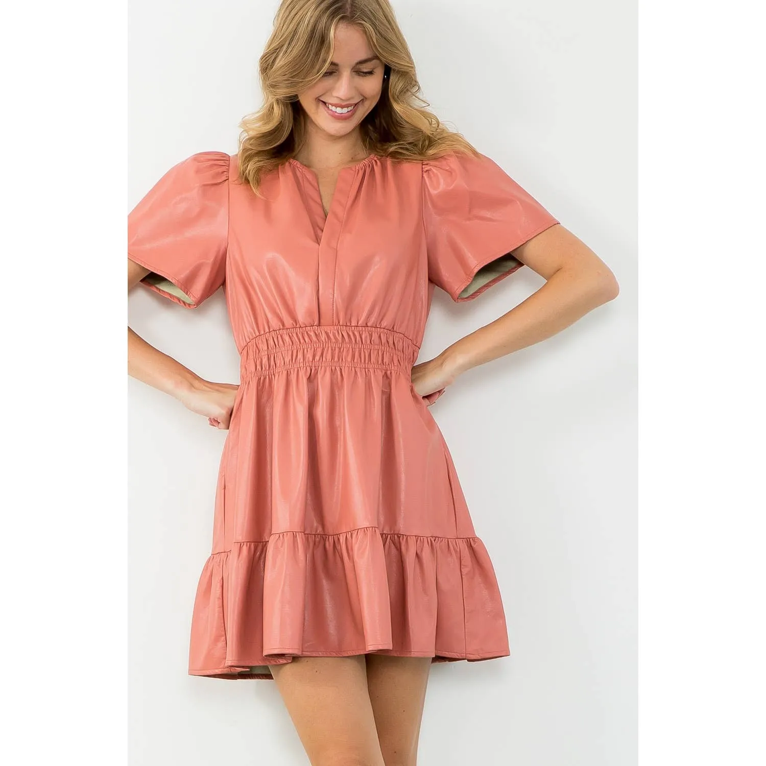 Blush Short Sleeve Leather Dress